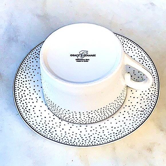 GRACES TEAWARE SILVER METALLIC MICRO DOTS FLAT CUP SAUCER SET NEW PORCELAIN - Picture 6 of 10